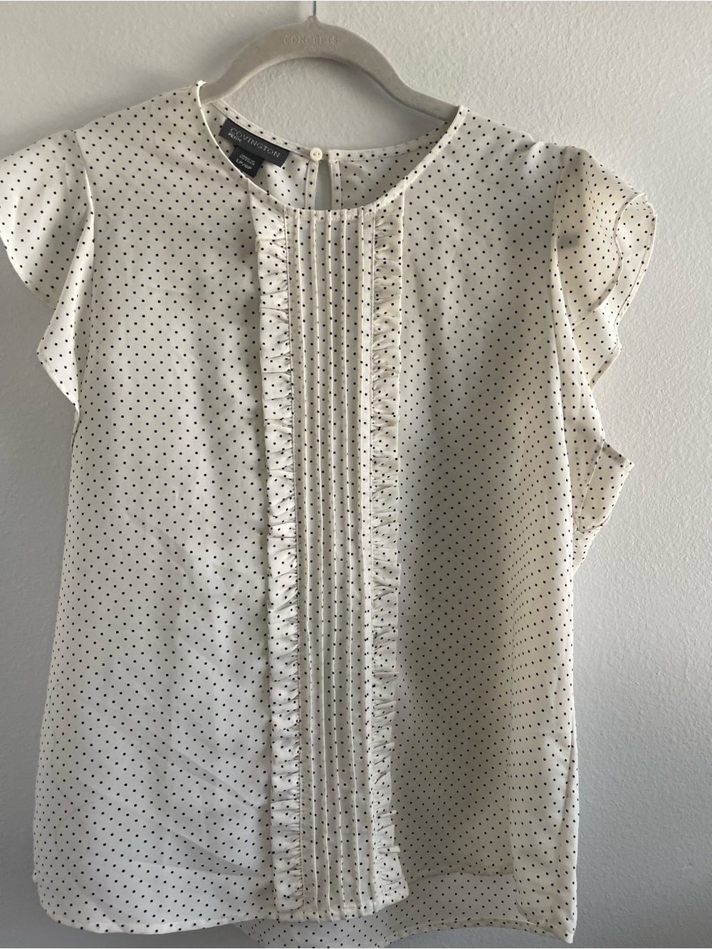 Covington Cream and Black Polka Dot Ruffle Pintuck Blouse